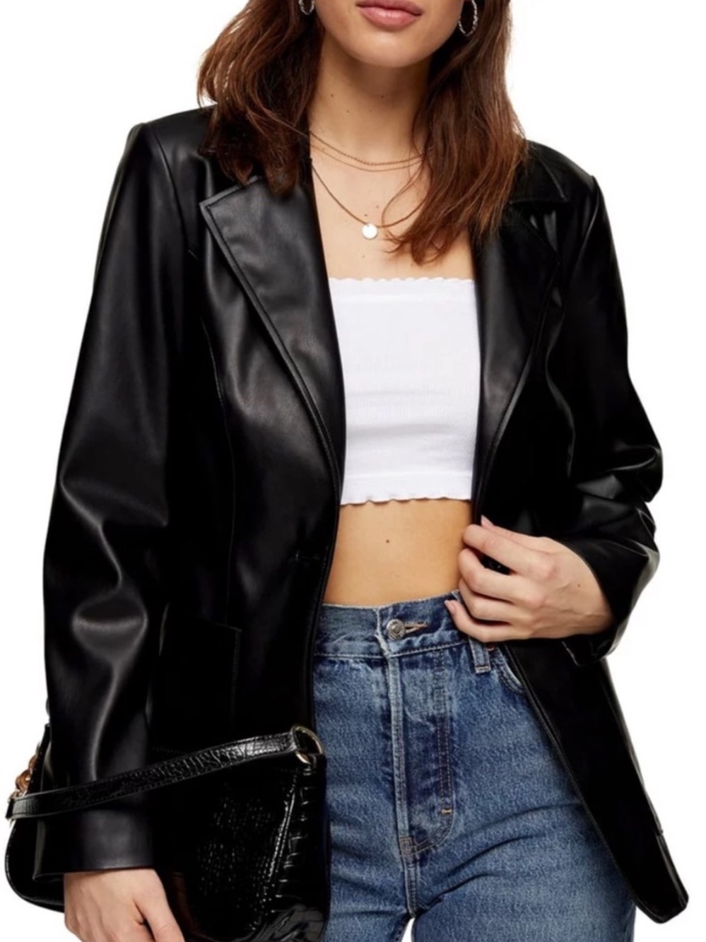 TOPSHOP Black Faux Leather Blazer Jacket - Women